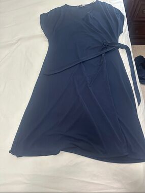 H&M Navy Wrap Midi Dress with Self-Tie XL gathered detail on shoulder cap sleeve